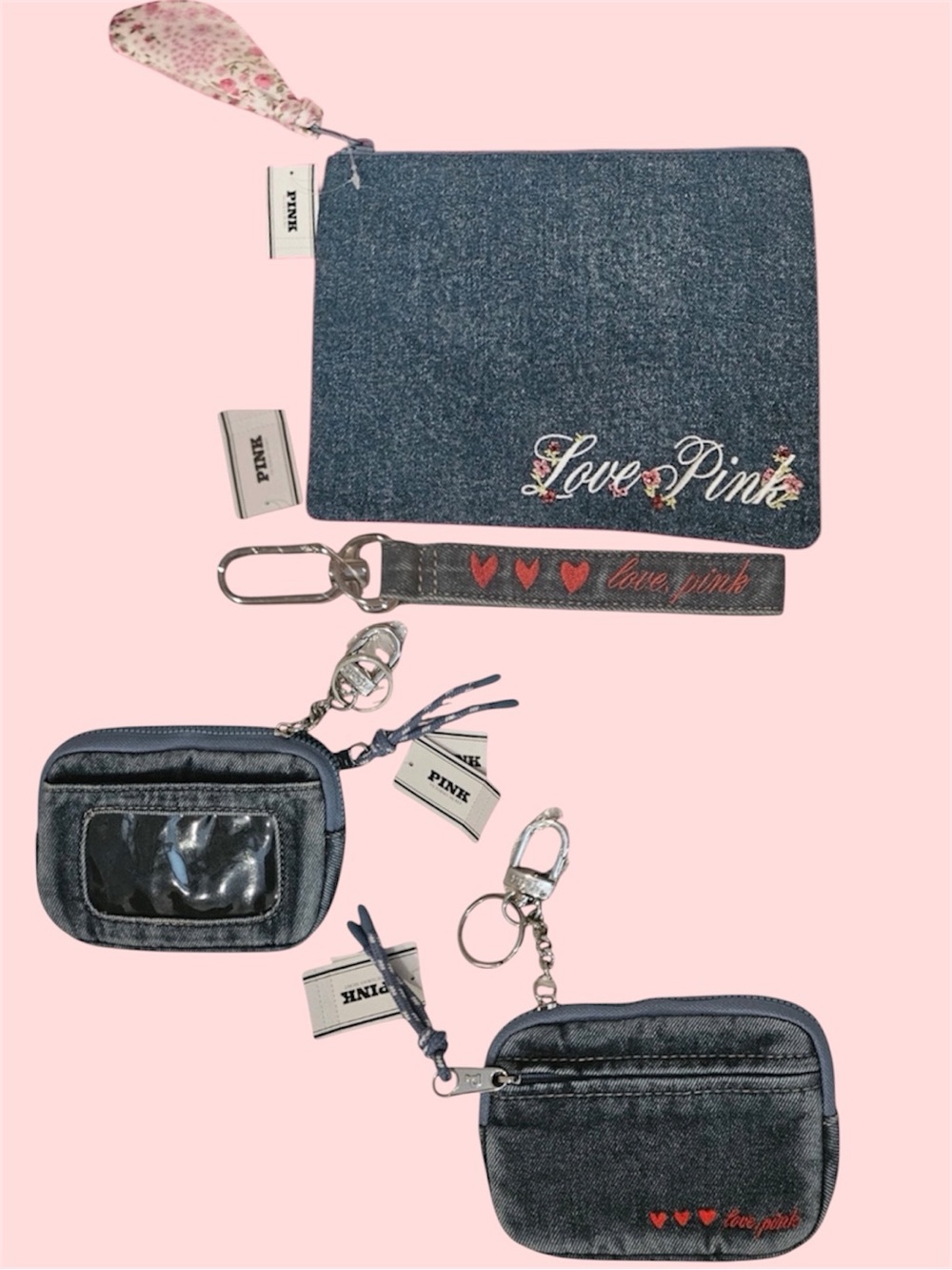 PINK BNWT Denim Blue 'Love Pink' Floral Wristlet Cosmetic Bag, wallet & keychain